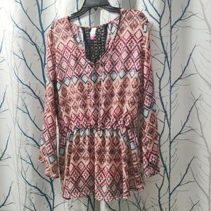 🌿 Southwestern Print Crochet Back Bell Sleeve Blouse - 2XL